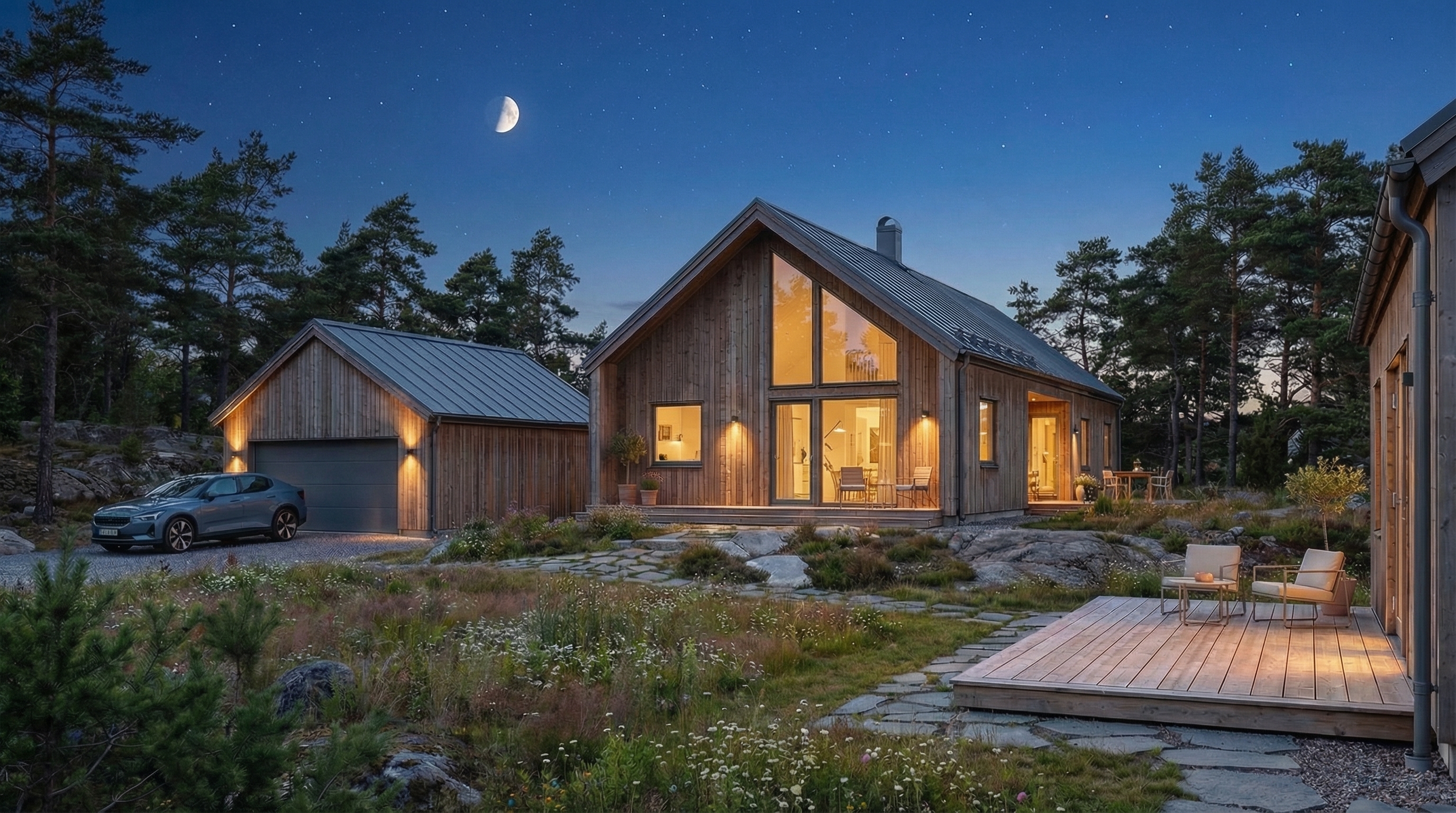 Nordic cabin relit at night